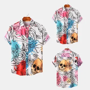 Men's casual Halloween beach shirt featuring vibrant skull and rose floral prints