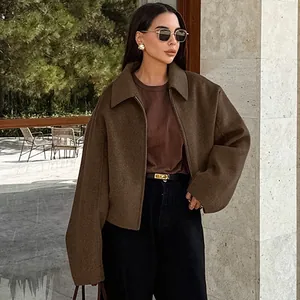 Dames Casual Oversized Wollen Look Jas Herfst Winter Revers Rits Lange Mouw Mantel Effen Kleur Losse Bovenkleding