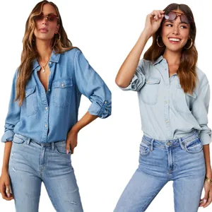 Western style casual long sleeve denim shirts for women in light and medium blue.