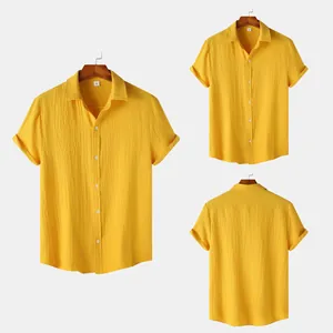 Detailed multiple views of a yellow men's short sleeve shirt showing front and back