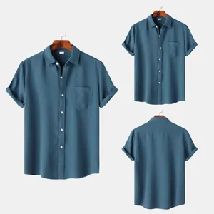 Detailed front and back views of a men's teal short-sleeved casual button-down shirt