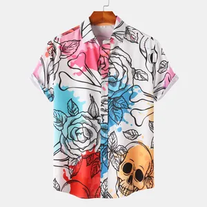 Detailed view of casual short-sleeve shirt with vibrant skull and rose graphic print