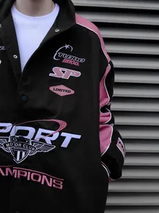 Racing style black and pink printed long sleeve bomber jacket for women, stylish moto jacket
