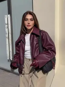 Veste de motard élégante en similicuir bordeaux pour femme, coupe oversize automne hiver