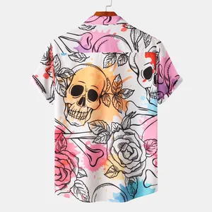 Detailed view of skull and rose watercolor pattern on back of white casual shirt