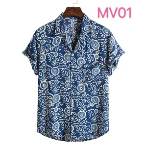 Men's Hawaiian short-sleeve button-down shirt with blue tropical print for beach