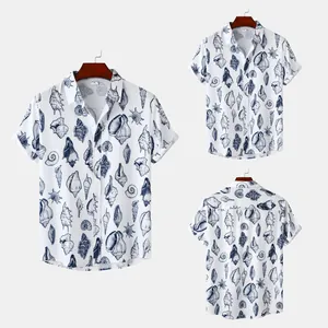 Front and back details of men's white short sleeve beach shirt with blue shell print