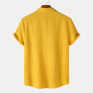 Detailed back view of men's short sleeve yellow shirt featuring crinkled texture fabric