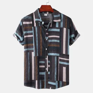 Detailed view of men's summer casual short-sleeve shirt with geometric striped pattern
