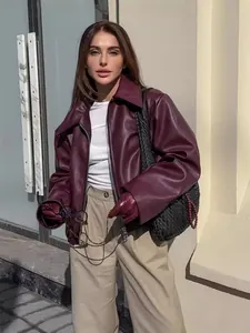 Veste de motard surdimensionnée en similicuir bordeaux pour femme automne hiver chic mode