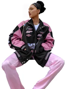 Women's pink and black racing style bomber jacket with graphic prints for a cool biker look.