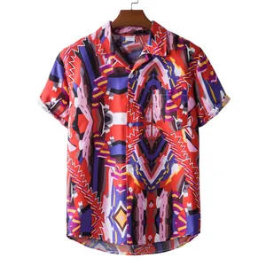 Men's ethnic print Hawaiian short sleeve shirt with vibrant tribal pattern and pocket.