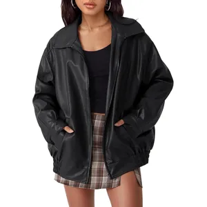 Chic oversized women's black faux leather biker jacket with loose fit for autumn fashion