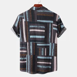 Back view of men's casual short-sleeve shirt with geometric color-block striped pattern