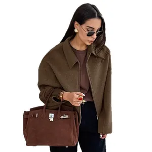 Stijlvolle bruine oversized wollen jas met rits voor dames voor een herfstlook