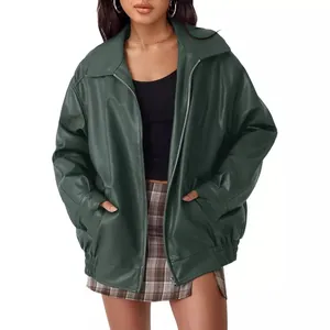 Women's dark green oversized faux leather motorcycle jacket with casual loose fit