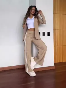 Women Casual Lapel Blazer Wide Leg Pants Top And Bottom Side Stripes Autumn Winter Sporty Chic Suit Polyester Two Piece Set