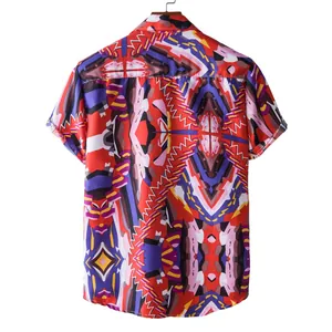 Back view of men's short sleeve Hawaii shirt with vibrant red ethnic geometric print