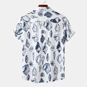 Back view of men's white short sleeve beach shirt with navy blue seashell print