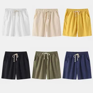 Short Décontracté en Coton et Lin pour Hommes Pantalon de Plage Été Couleur Unie Coupe Droite Avec Cordon de Serrage
