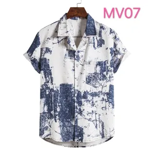 Men's short-sleeve Hawaiian shirt with blue ink-wash print on a clean white background