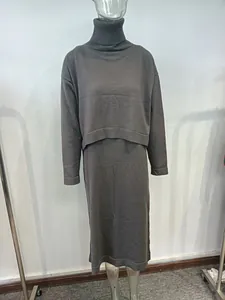 Front view of grey turtleneck two-piece knit sweater dress set on transparent mannequin