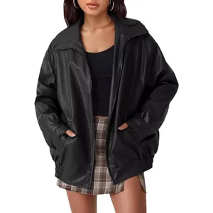 Women's oversized faux leather bomber jacket with zip-up design for fall and winter fashion