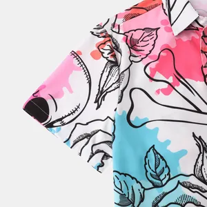 Close-up of Halloween casual short sleeve shirt with skull and rose print