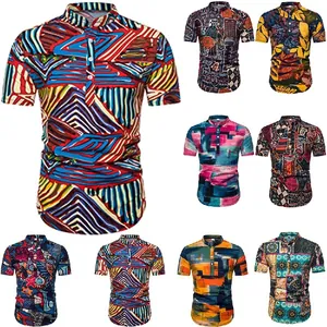 Selectie van heren linnen shirts met korte mouwen en diverse kleurrijke etnische patronen