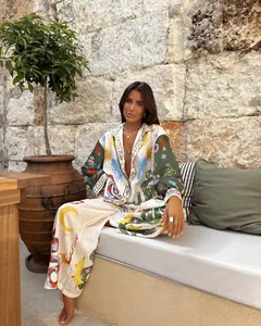 Ensemble élégant de chemise et pantalon en lin à imprimé céleste bohème pour femme