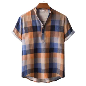 Front view of men's short sleeve plaid linen shirt with stand collar on hanger