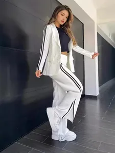 Women's chic white blazer and wide-leg pants two-piece set with black side stripes