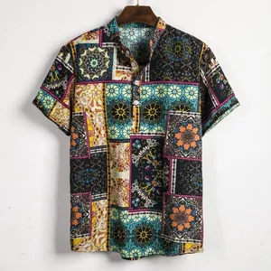 Vintage heren linnen shirt met korte mouwen en etnische mandala patchwork print