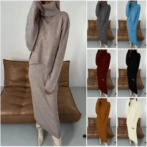 Elegant high-neck knit two-piece sweater and maxi skirt set available in multiple colors