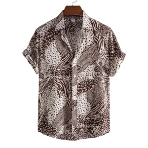 Casual short-sleeved men's button-up shirt with mixed brown and white animal print