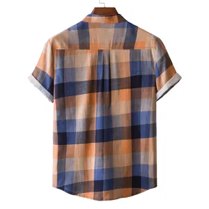 Back view of men's casual plaid short sleeve shirt in blue and orange cotton-linen