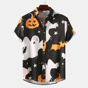 Halloween theme men's short sleeve Hawaii shirt with pumpkin ghost and bat prints