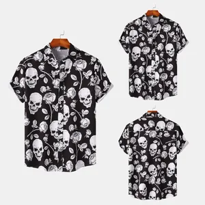 Detail view showing front and back of black skull and rose print beach shirt