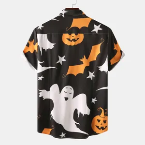 Back view of men's Halloween Hawaiian shirt featuring ghost and pumpkin prints