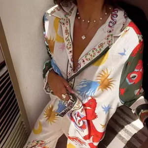 Ensemble Chemise Et Pantalon En Lin Imprimé Pour Femmes Haut Et Bas Boho Manches Longues Motif Mythologique Artistique Costume De Vacances