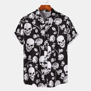 Close-up of men's casual short-sleeve shirt with white skull and rose prints