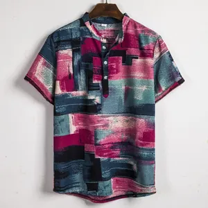 Heren linnen shirt in etnische stijl met abstracte kleurrijke penseelstreek print