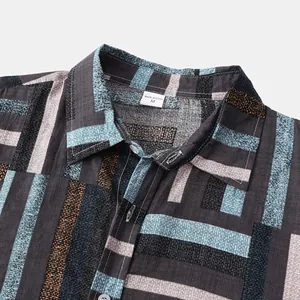 Detailed close-up view of a men's colorful striped casual shirt collar and label