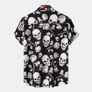 Back view of Halloween men's short-sleeved casual shirt with skull and rose print