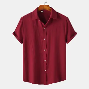 Classic burgundy men's short-sleeve button-up shirt with textured fabric detailing