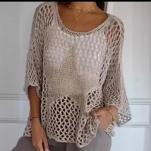 Elegant women's boho mesh knit sweater with star pattern and loose 3/4 sleeves