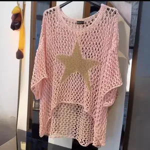 Pink knit top with star pattern, loose hollow-out summer crochet sweater for women