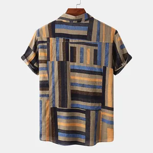Back view detail of a men's casual short-sleeve shirt with colorful geometric stripes.