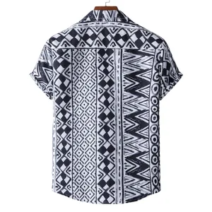 Back view of men's short sleeve Hawaii shirt with black and white ethnic geometric pattern
