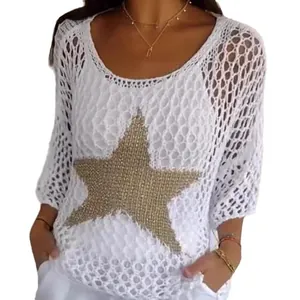 Elegant white mesh knit top with gold star pattern and three-quarter sleeves for women